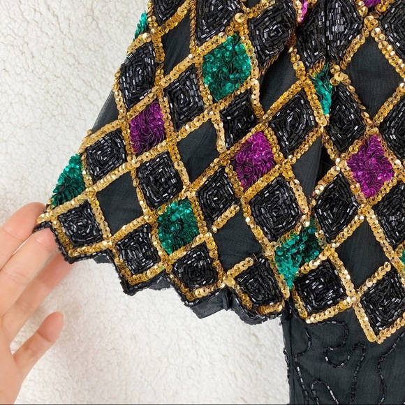 VINTAGE 100% Silk Beaded Sequin Midi Dress Small - Picture 4 of 8